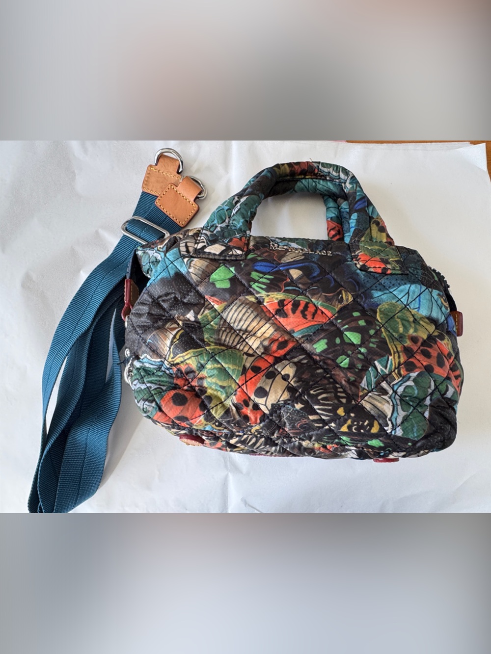 MZ Wallace Quilted Crossbody Satchel in Multicolor Floral Print with Teal Strap